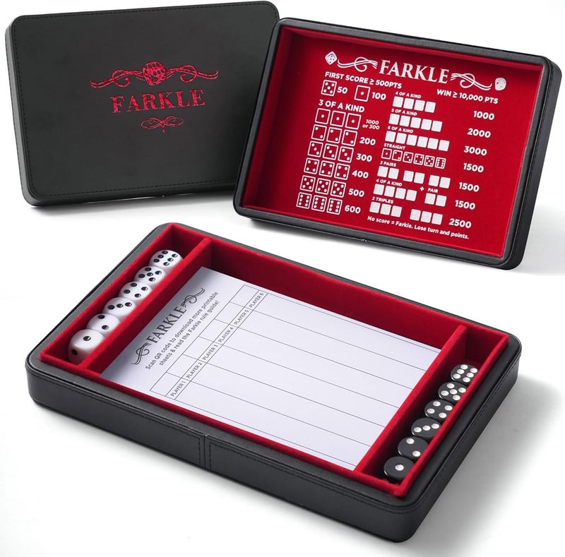 Soar Forge Deluxe Farkle Dice Tray and Storage - Elegant Faux Leather Travel Case with Score Sheets, 2 Sets of Dice, Guide & Velvet Lined Rolling Arena for Many Classic Games (Crimson Red) - Image 1